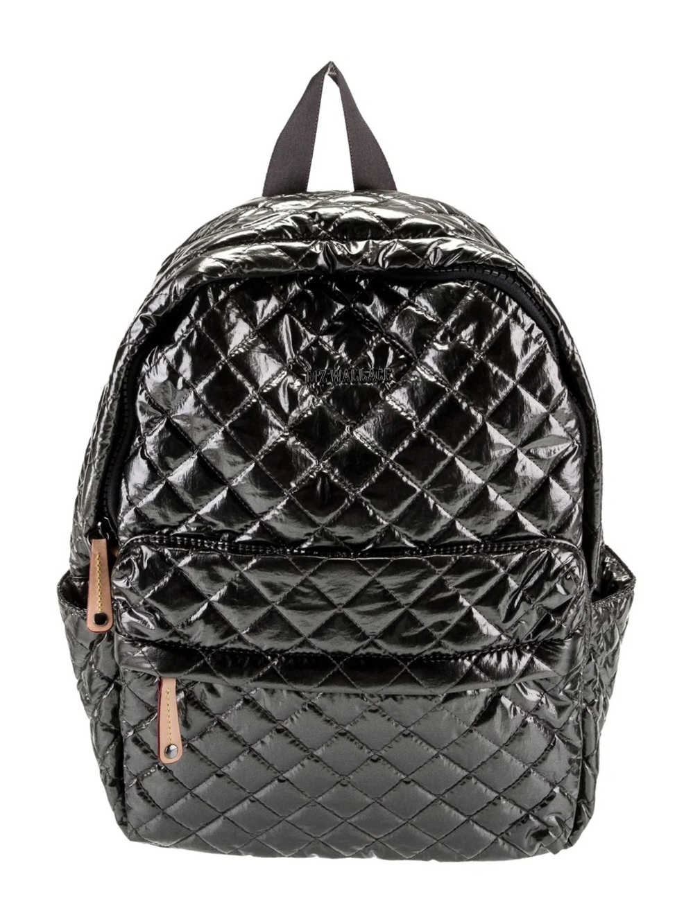 MZ Wallace Black Quilted Shine Backpack with Tan Zipper Pulls